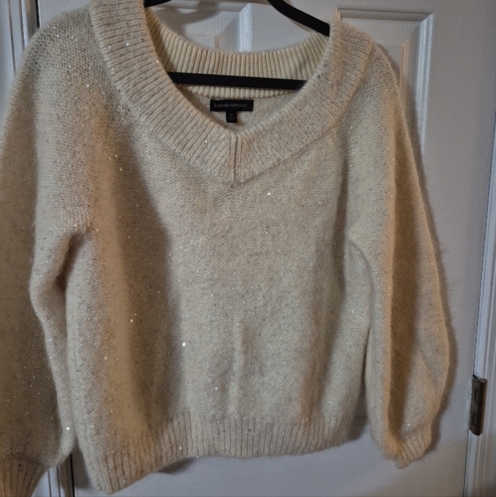 Banana Republic Sparkle V-Neck Cream Women's Sweater Size M